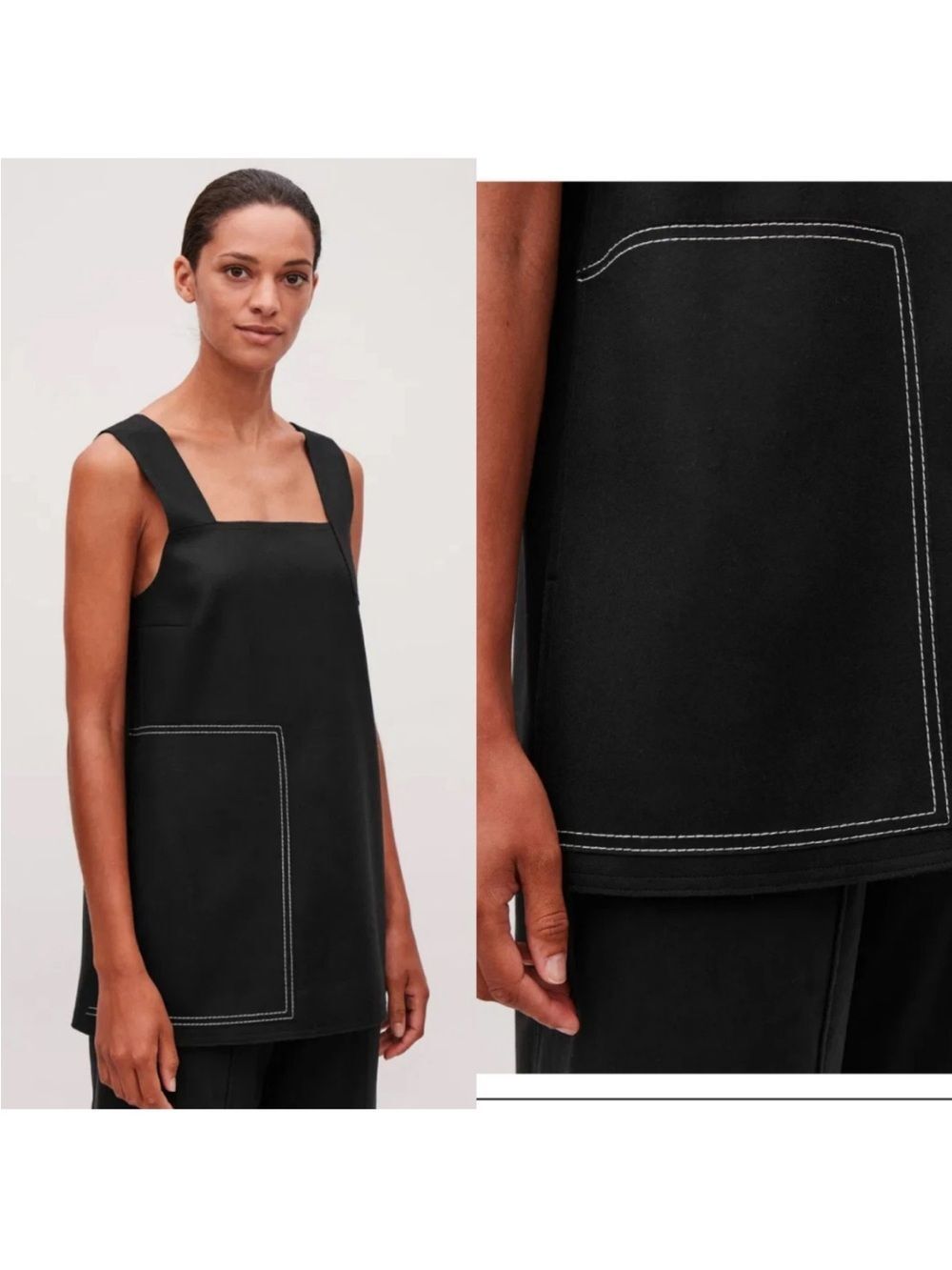 COS Black Wool-Cashmere Sleeveless Square-Neck Top with White Stitching sz 4